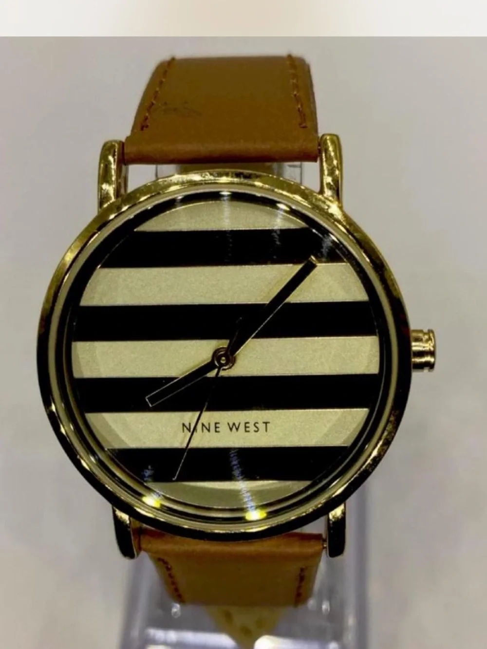 *** Nine West ^^^ Gold  Striped Dial Watch * Tan / Black ***